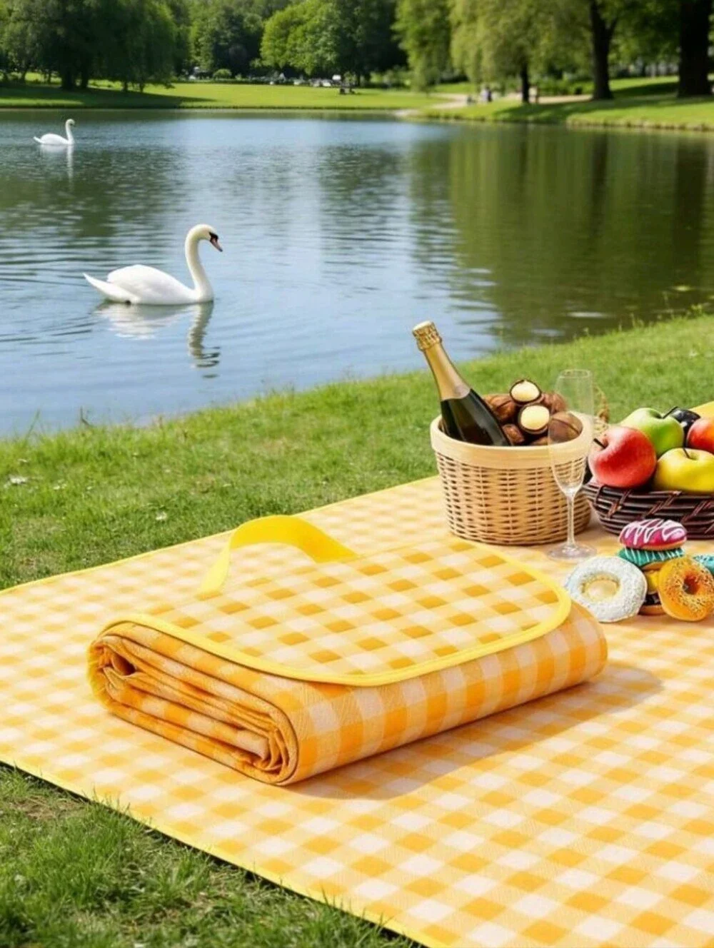 New Orange Yellow Gingham Picnic Large Mat Foldable Waterproof 77.5 in Square